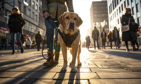 A guide dog leading its owner along a suburban sidewalkの素材