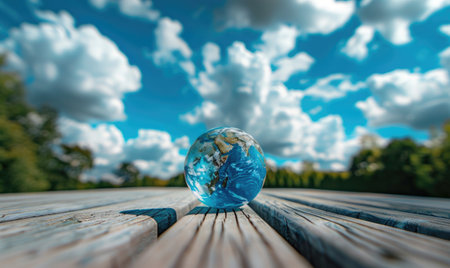 an Earth globe placed on a wooden picnic table with a bright blue sky and fluffy white cloudsの素材