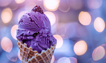 Artisanal blueberry gelato in a waffle coneの素材