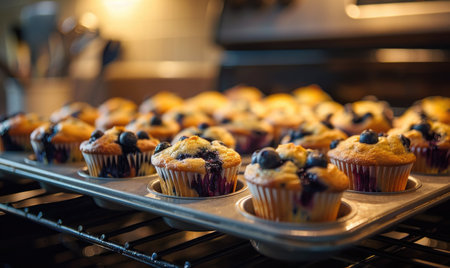 Blueberry muffins fresh from the ovenの素材