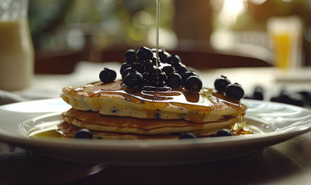 Fresh blueberry pancakes drizzled with maple syrupの素材