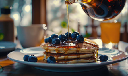Fresh blueberry pancakes drizzled with maple syrupの素材