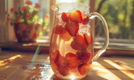 Strawberry-infused water in a pitcher, refreshing beverageの素材