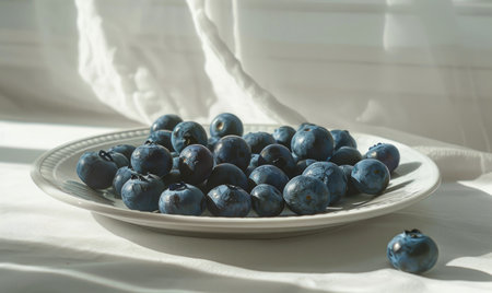Fresh blueberries scattered on a white plateの素材