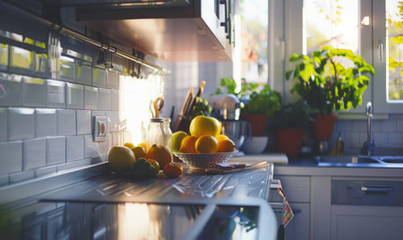 Sleek modern kitchen interior, bright day lightの素材