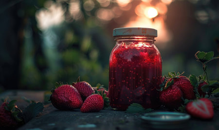 Fresh strawberry jam in a glass jar, homemade preservesの素材