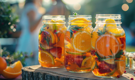 Fresh fruit cocktails served in mason jars with sliced citrus fruitsの素材