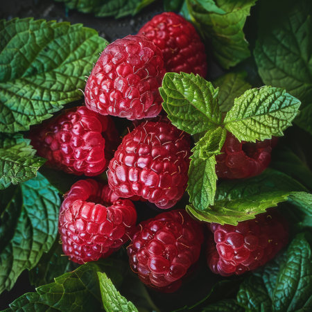 Juicy raspberries displayed on a bed of fresh mint leaves, allowing space for descriptive textの素材