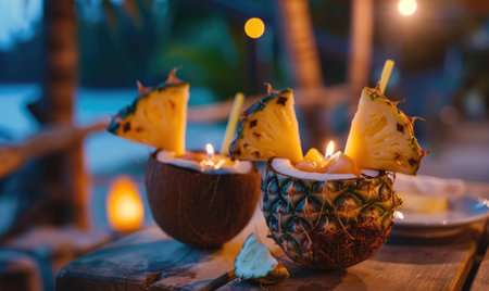 Refreshing fruit cocktails served in coconut shells with pineapple wedgesの素材