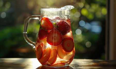 Strawberry-infused water in a pitcher, refreshing beverageの素材