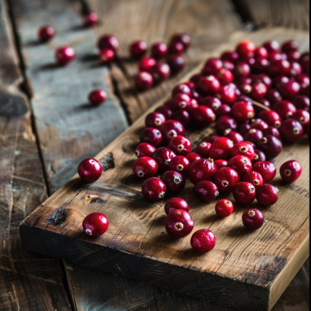Tart cranberries scattered on a wooden boardの素材