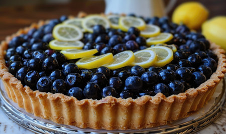 Summery blueberry lemon tart with a flaky crustの素材