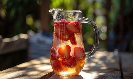 Strawberry-infused water in a pitcher, refreshing beverageの素材