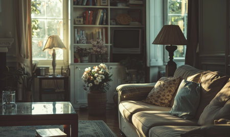 View on the living room in retro style in sunset lightsの素材