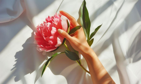 A woman's hand cradling a vibrant peonyの素材