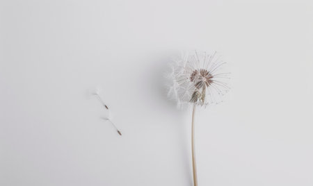 A white dandelion delicately placed on a white backgroundの素材