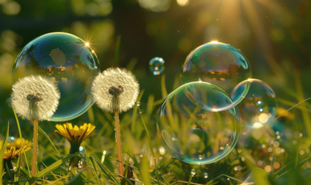 Dandelions and soap bubbles in the air in morning light, nature backgroundの素材