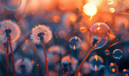 Dandelions and soap bubbles in the air in twilight, nature backgroundの素材