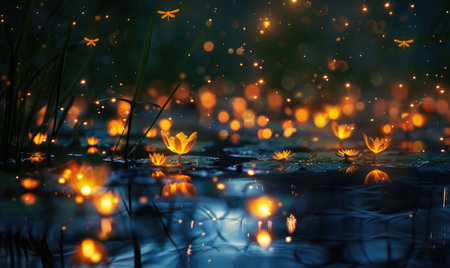 Fireflies illuminating a garden while fireflies light up the underwater worldの素材