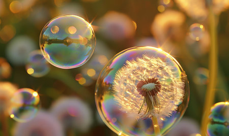 Dandelions and soap bubbles in the air closeup view, nature backgroundの素材