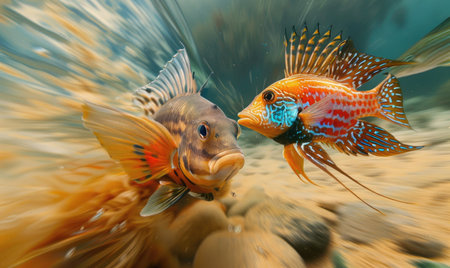 Cockerel fish accompanied by triggerfish, dynamic underwater sceneの素材