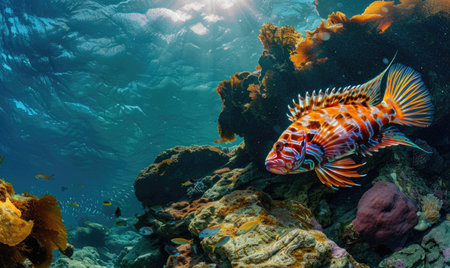 Cockerel fish swimming alongside wrasseの素材