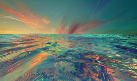 Closeup view on water surface with sunset light on it and dynamic skyの素材