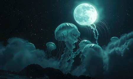 Immense jellyfish gliding in the clouds abstract backgroundの素材