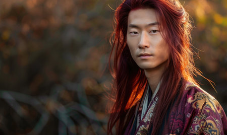 Portrait of young Asian man with deep red long hair in traditional clothes looking at cameraの素材
