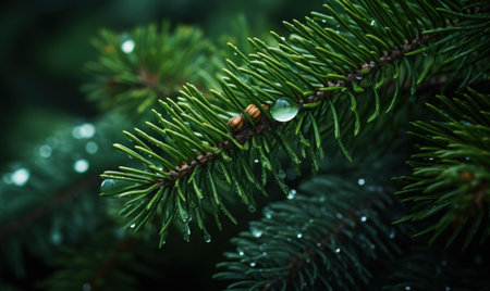 Green spruce branches with dew drops close-up. Natural backgroundの素材