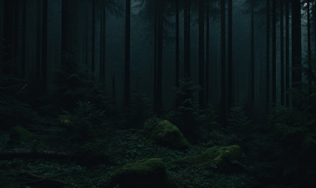 Dark forest with fog in the background. Deep green toned nature backgroundの素材