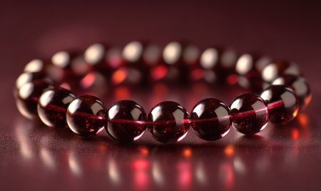 A red bracelet with a clear band. The bracelet is made of glass beads. The beads are arranged in a circular patternの素材