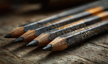 A row of pencils with the numbers 1 through 5 on them. The pencils are black and have a brown tipの素材