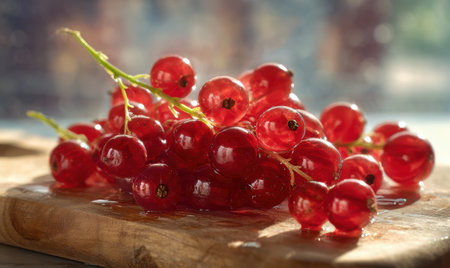 A bunch of red berries on a wooden cutting board. The berries are shiny and appear to be ripeの素材