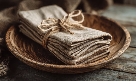 A wooden bowl with a bunch of napkins tied together. The napkins are white and are stacked on top of each otherの素材