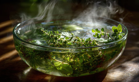 A bowl of herbs and water is sitting on a table. The water is clear and the herbs are floating in itの素材