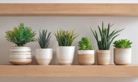 A shelf with a variety of potted plants. The plants are of different sizes and colors. Some of the plants are green, while others are brownの素材