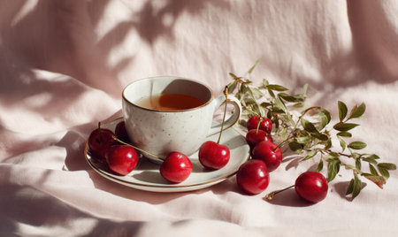 A white cup with a cherry on top of it. There are many cherries on the tableの素材