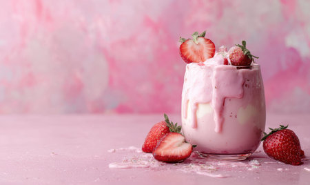 A glass of pink strawberry milkshake with strawberries on the side. The milkshake is dripping with strawberry sauceの素材
