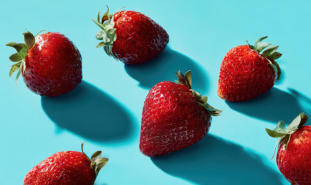 A bunch of red strawberries on a blue background. The strawberries are in a row and are all facing the same directionの素材
