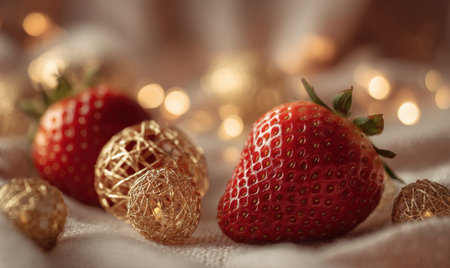 A red strawberry sits on a white background with a gold ball and a gold ball with a red stemの素材
