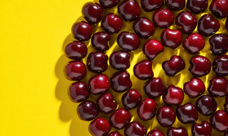 A bunch of cherries are arranged in a circle on a yellow background. The cherries are red and shinyの素材