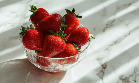 A bowl filled with a variety of red strawberries is placed on a marble countertop. The strawberries are arranged in a circular patternの素材