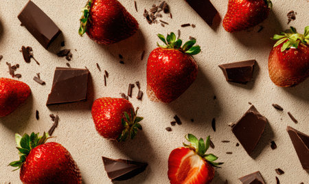 A bunch of strawberries and chocolate on a table. The strawberries are cut in half and the chocolate is in the form of squaresの素材