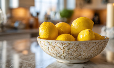 A bowl of lemons is sitting on a counter. There are nine lemons in the bowlの素材