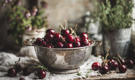 A bowl of cherries is on a table. There are many cherries in the bowlの素材