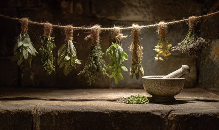 A bowl of herbs is next to a mortar and pestle. The herbs are hanging from a ropeの素材