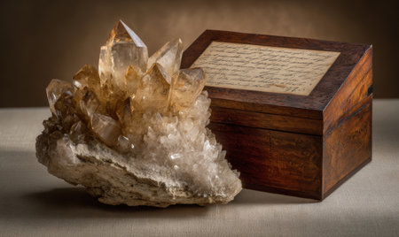 A large crystal is sitting on a table next to a wooden box. The box is open and has a piece of paper insideの素材