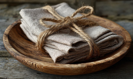 A wooden bowl filled with white cloths, each one tied together with a string. The cloths are neatly arranged in the bowlの素材