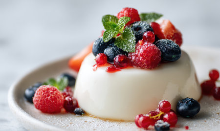 A dessert with strawberries, blueberries, and raspberries on top. The dessert is white and has a mint leaf on topの素材